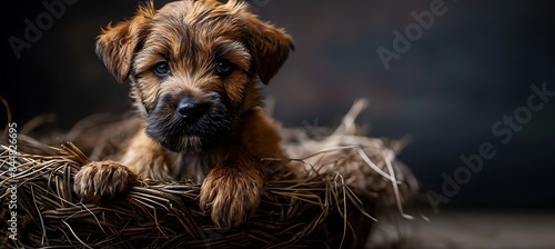 Pet website banner featuring a dog in a basket, with room for your logo or text.