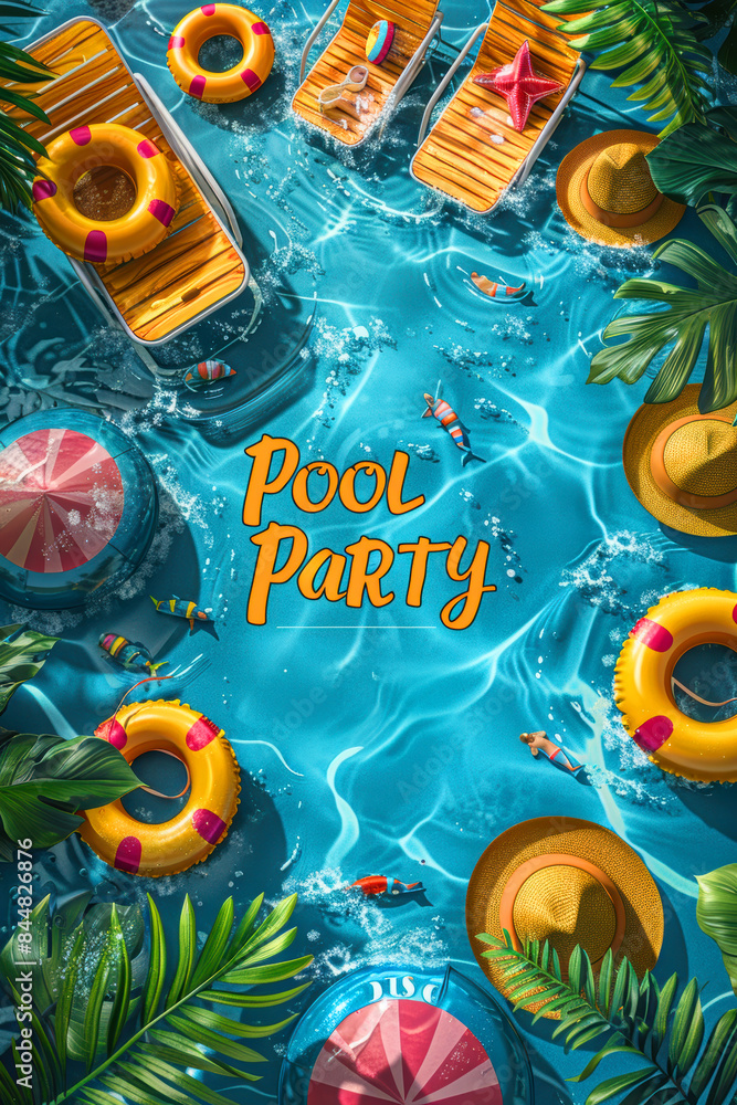 Fototapeta premium Vibrant Summer Pool Party with Colorful Inflatable Rings, Straw Hats, and Orange Slices in Sparkling Blue Water