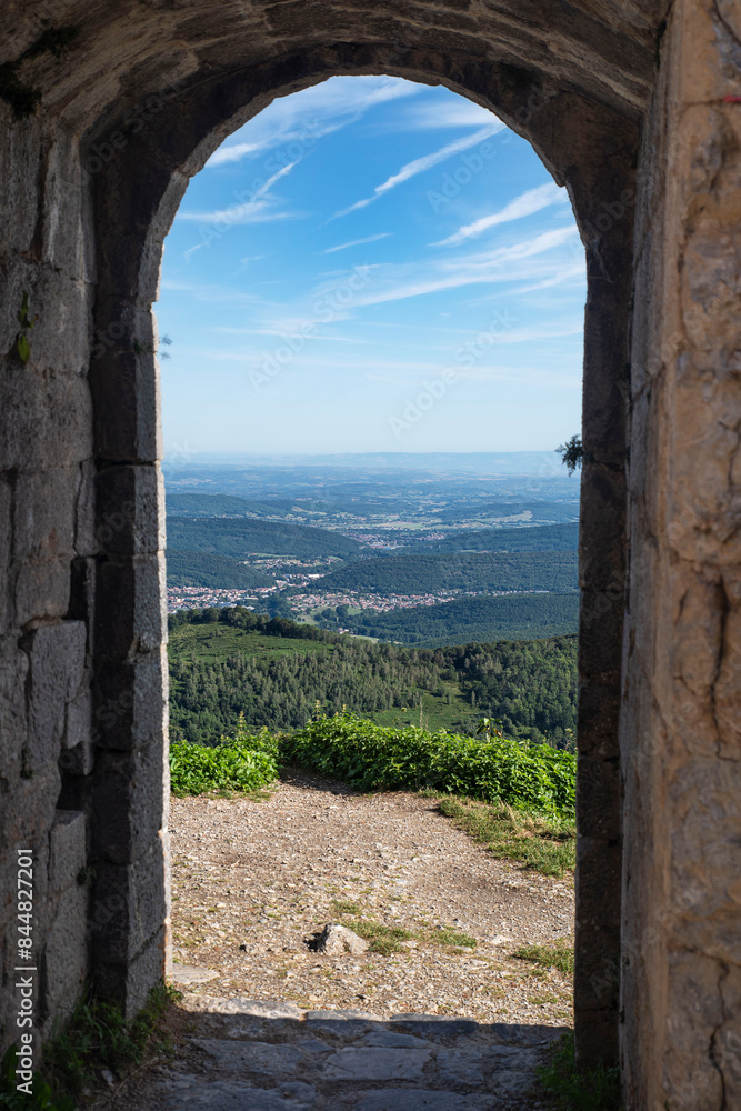 Fototapeta premium Landscape and village in Ariège in the Pyrenees in France, view of Montségur castle in Cathar country 