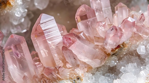 Full frame shot pink rose crystal, quartz, mineral gemstone.