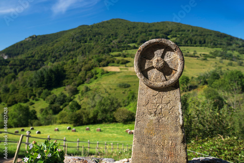 Photography Landscape and village in Ariège in the Pyrenees in France, view of Montségur cas