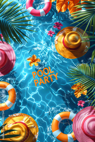 Vibrant Summer Pool Party with Colorful Inflatable Rings, Straw Hats, and Orange Slices in Sparkling Blue Water
