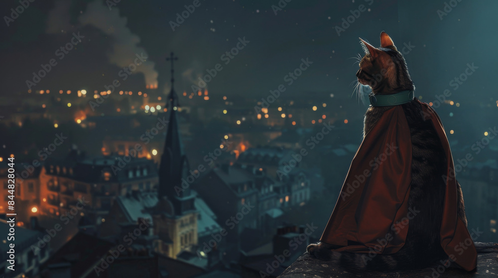 A valiant cat dressed as a superhero, with a cape and utility belt, perched on a rooftop looking out over the city at night A valiant cat dressed as a superhero, with a cape and utility belt, perched on a rooftop looking out over the city at night