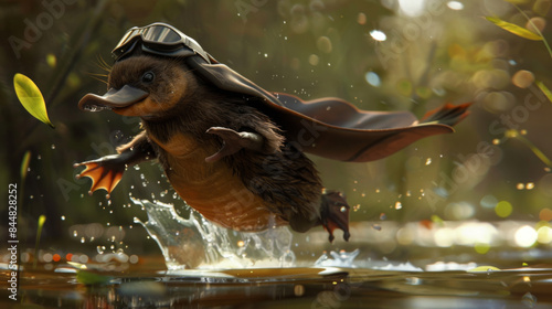 A valiant platypus in superhero gear, with a small cape and mask, swimming swiftly through a river ready to protect its habitat