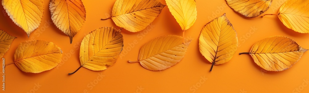 Obraz premium Autumn Leaves Pattern on Orange Background Fall Seasonal Design for Decorations, Cards, Posters