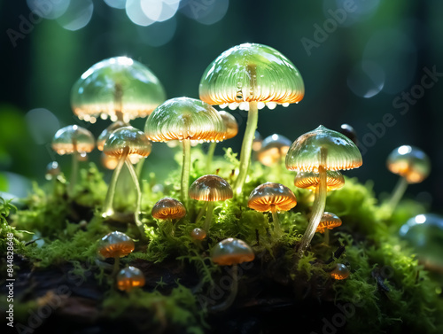 Wallpaper Mural Transparent mushrooms in a green forest covered with moss and vegetation. Intricate details in enchanted forest landscape Torontodigital.ca