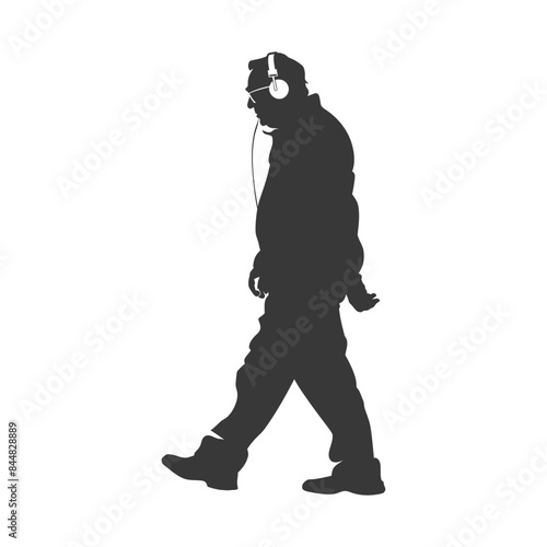 Silhouetted Walker: Middle-Aged Man in Headphones, White Background.