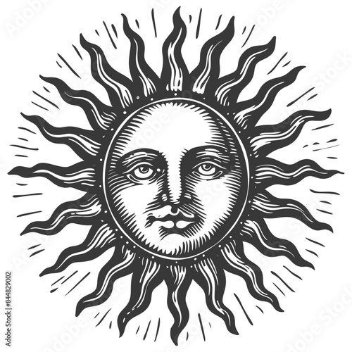 Engraved Sun Face: Vintage Celestial Illustration with Radiant Rays.