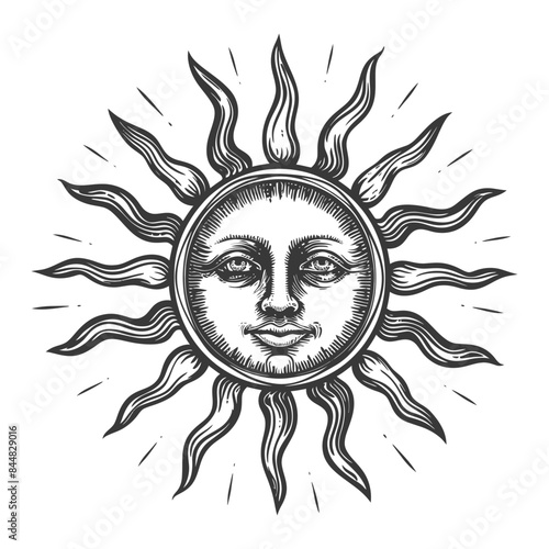 Engraved Sun Face: Vintage Celestial Illustration with Radiant Beams and Serene Expression
