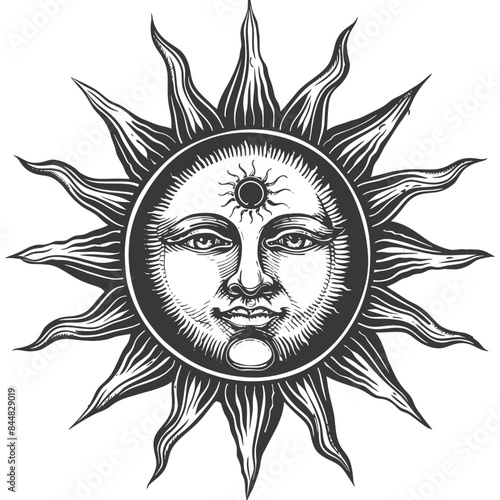Engraved Sun Face: Vintage Celestial Symbolism, Detailed Line Art.