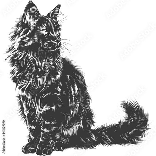 Engraved Fluffy Black Cat: Detailed Line Art Portrait, Sitting and Looking Right