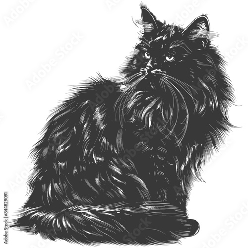 Etched Elegance: Fluffy Black Cat Portrait, Detailed Fur, White Background.