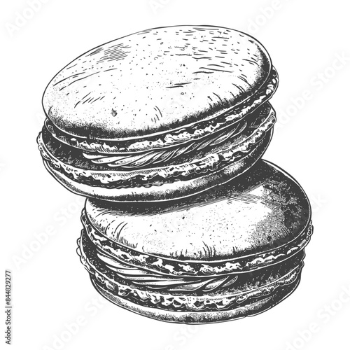 Hand-drawn stack of macarons, vintage etching style illustration.