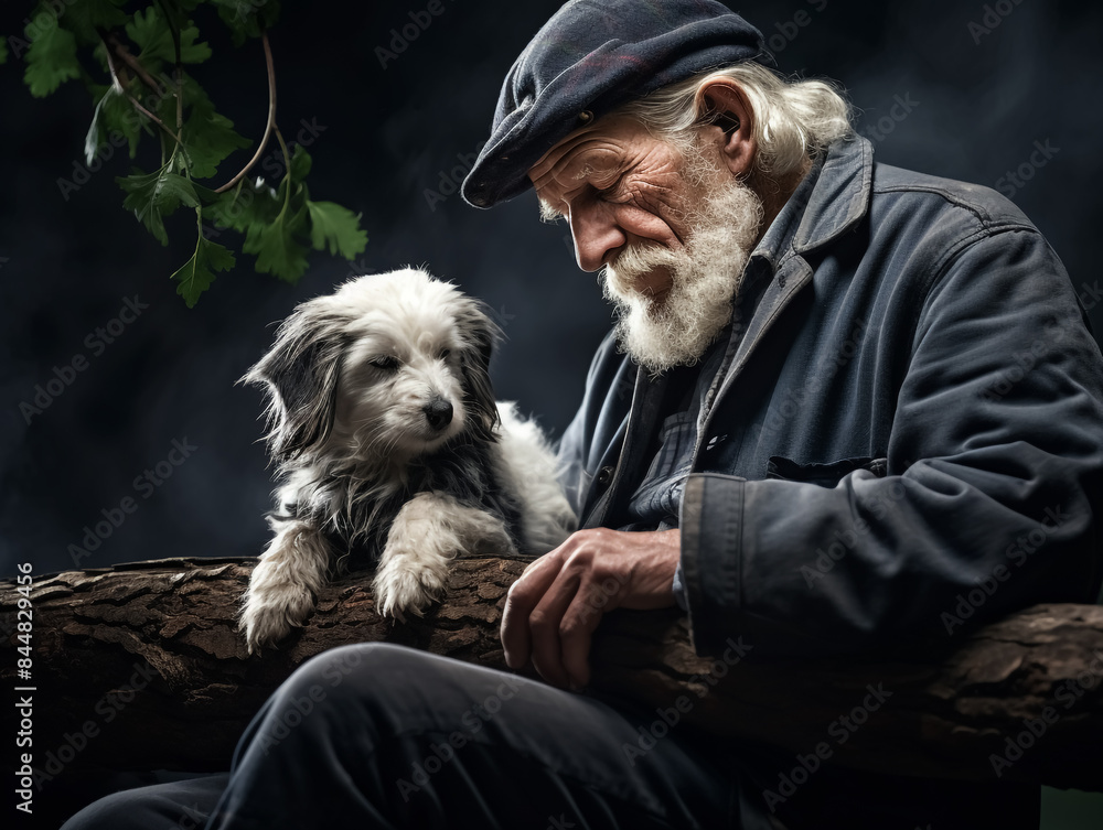 Portrait of a moment of affection between an elderly farmer man and his dog. Care and attention. Domestic and farm animals. Portrait of a moment of affection between an elderly farmer man and his dog. Care and attention. Domestic and farm animals.