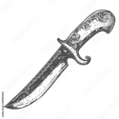 Ornate Engraved Hunting Knife, Vintage Style, Isolated.