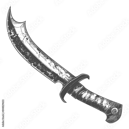 Etched Scimitar: Antique, Curved Blade with Marbled Texture, Vintage Dagger Illustration.