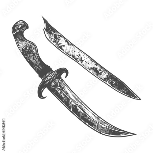 Engraved Dagger & Sheath: Vintage Pirate Weapon, Grayscale Illustration.