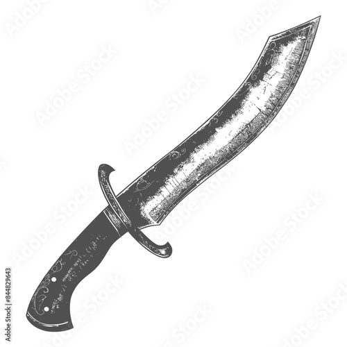 Etched Scimitar: Vintage Style Curved Blade & Hilt, Detailed Shading, Isolated on White.