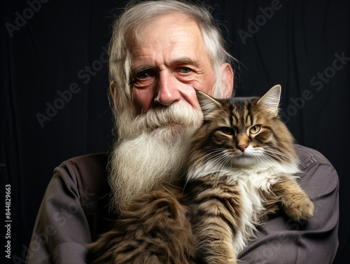 Portrait of a moment of affection between an elderly man and his cat. Care and attention. Domestic and farm animals © Alicina