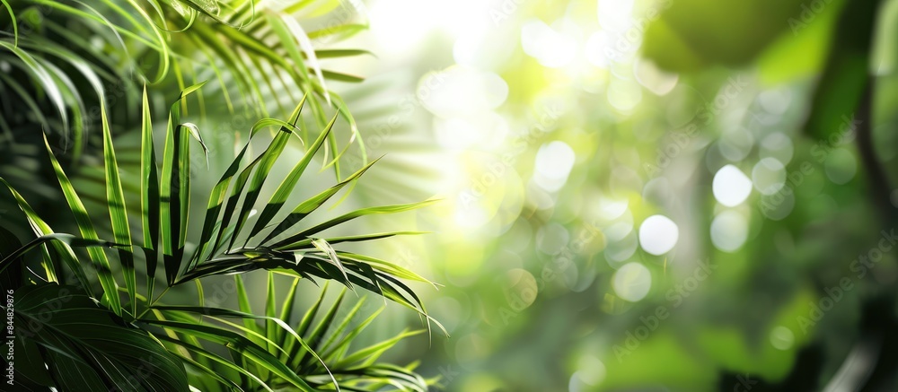 Tropical forest setting with green palm leaves and blurred background for showcasing designs and product advertising. Tropical forest setting with green palm leaves and blurred background for showcasing designs and product advertising.