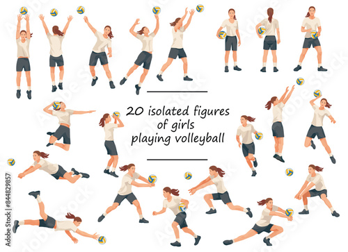 20 women's volleyball team players in white T-shirts in various poses training, running, jumping, throwing, hitting the ball