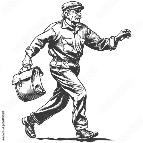 Vintage Worker Stride: Monochrome Vector of a Cap-Wearing Man with Lunchbox.