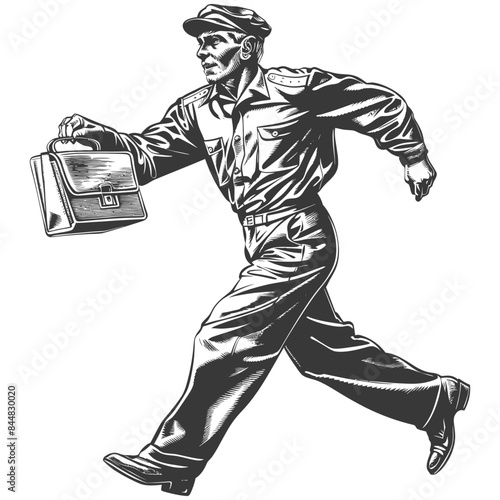 Engraved Courier: Running Man in Uniform with Briefcase, Vintage Style Illustration