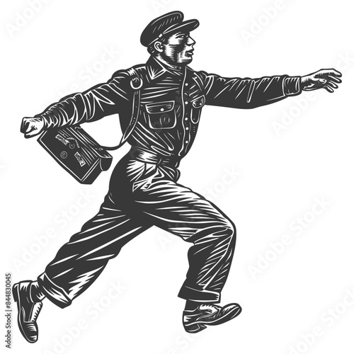 Vintage Woodcut: Urgent Delivery, Running Postman with Bag.