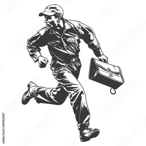 Retro Cartoon: Urgency, Worker in Overalls with Briefcase, Running Late.