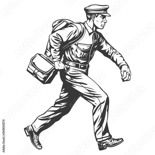 Vintage Engraving: Determined Postman Delivering with Speed and Purpose.