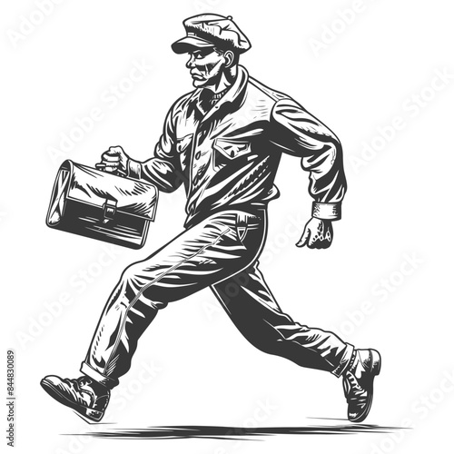 Vintage Courier Dash: Ink Illustration of a Running Man with Briefcase and Cap