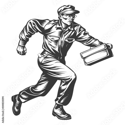 Engraved Delivery Man: Rushing Courier with Cap, Box, and Detailed Boots.