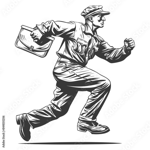 Vintage Style Running Postman with Mailbag, Retro Delivery Graphic.