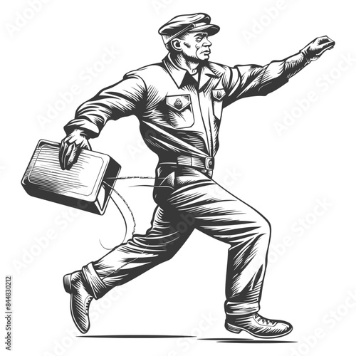 Retro Engraving: Urgent Deliveryman, Box Tossing, Determined Pursuit.