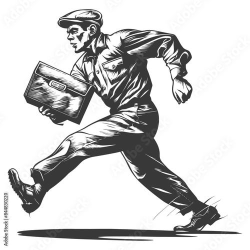 Vintage Dispatch: Urgent Courier in Motion, Grayscale Engraving Style