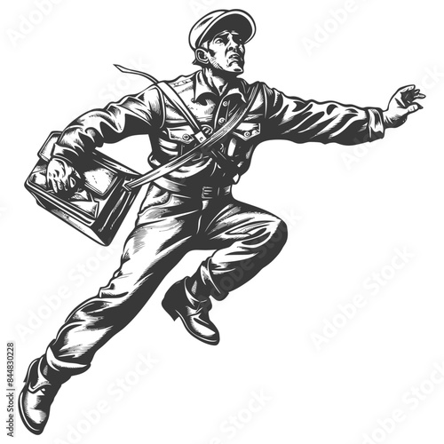 Retro Postman Leap: Engraved Style Mail Carrier, Deliverer, Vector Illustration.