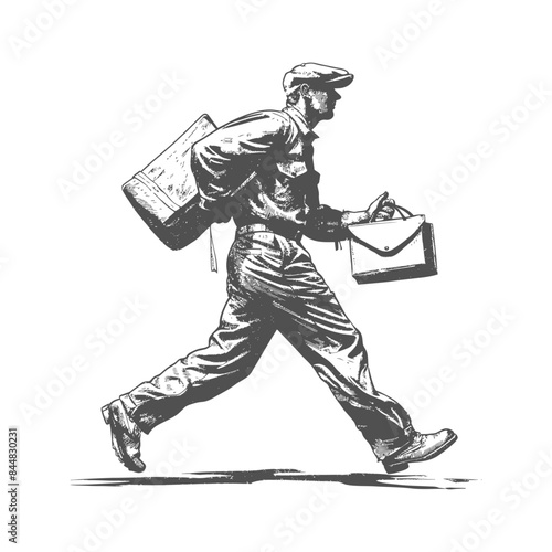 Vintage Courier: Engraved Mailman with Bag and Briefcase Illustration