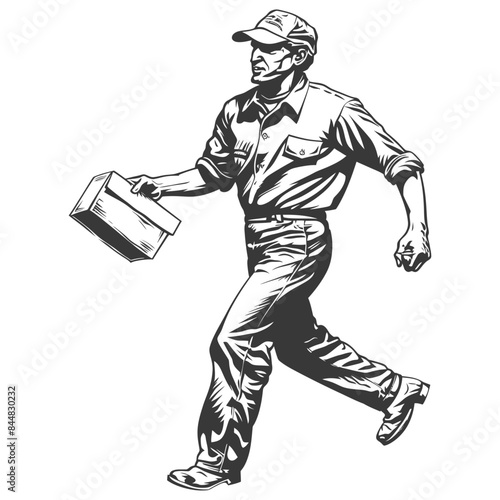 Monochrome Delivery: Urgent Package, Running Courier, Engraved Style.