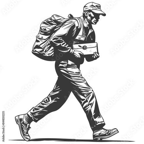 Retro Postman: Ink Sketch of Letter Carrier with Mailbag Delivering Letters.