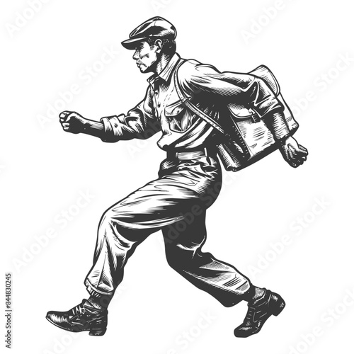 Retro Delivery Man Striding: Engraved Style, Cap, Bag, Energetic Pose