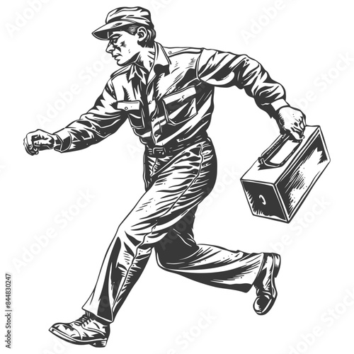 Engraved Dispatch: Running Repairman with Toolbox, Urgent Service Illustration.