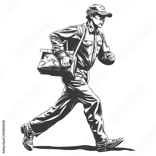 Urgent Delivery: Engraved Courier Running with Parcel, Vintage Style Illustration