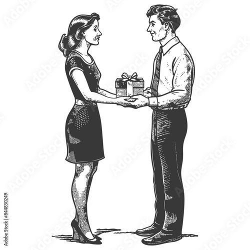 Etched Gift Exchange: Retro Couple with Present, Hand-Drawn Vector Illustration