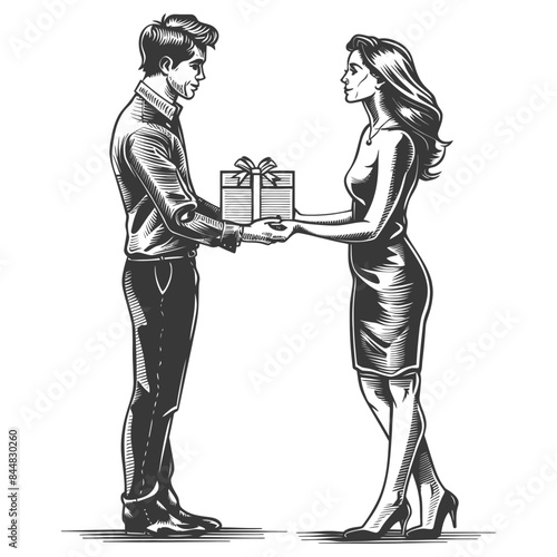 Engraved Gift Exchange: Man Presents Present to Woman in Elegant Dress, Vector Illustration