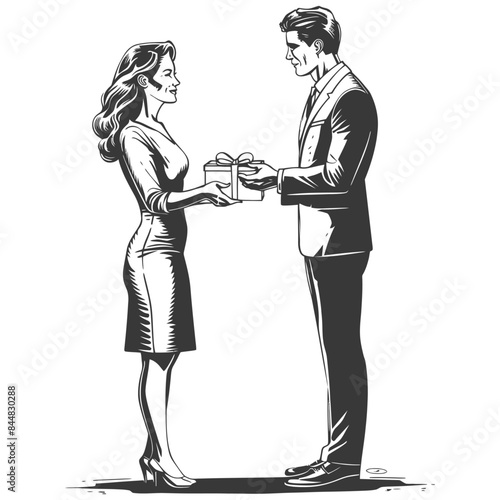 Monochrome Gift Exchange: Elegant Couple in Classic Style.