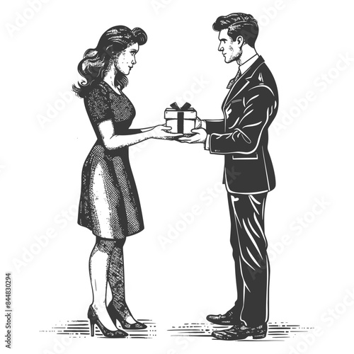 Vintage Romance: Woman Receiving Gift from Man in Suit, Crosshatch Style.