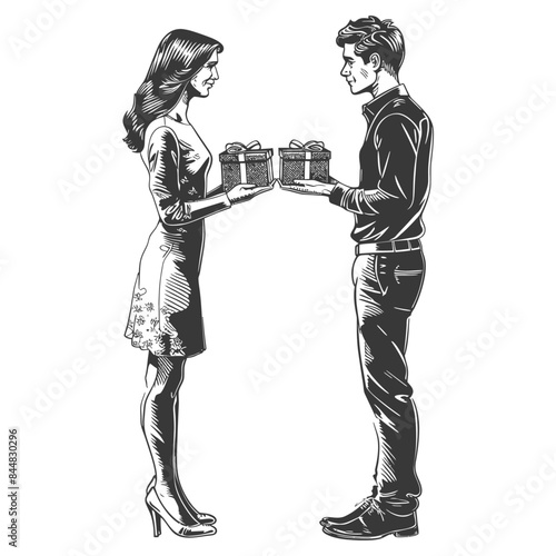 Engraved Couple Exchanging Identical Gifts, Vintage Style Illustration.