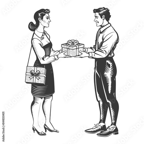 Retro Gift Exchange: Engraved Woman & Man with Wrapped Presents.