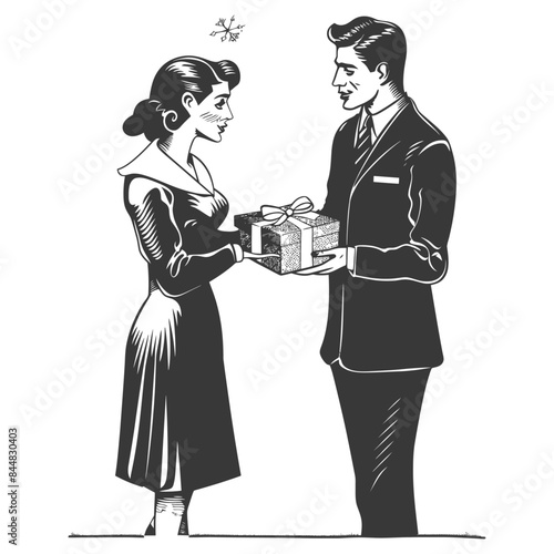 Vintage Romance: Man Presents Gift to Woman, Classic Black & White Illustration