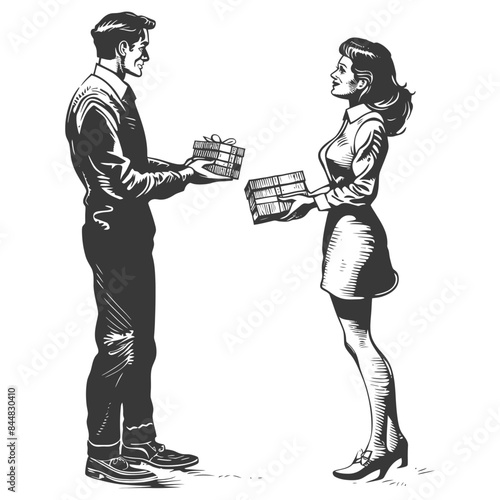 Retro Style Gift Exchange: Man Offering Box to Smiling Woman, Graphic Illustration.